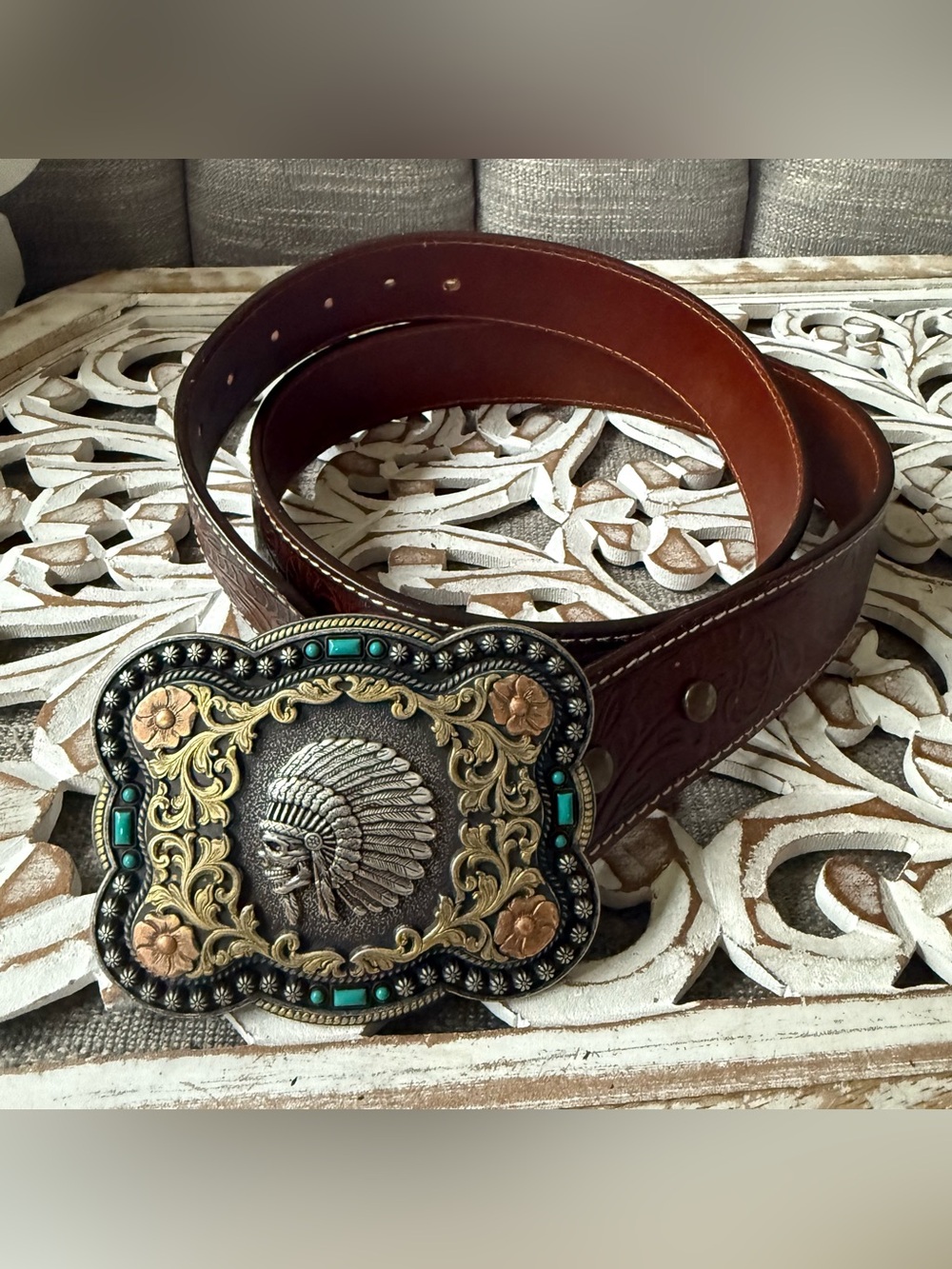 Nocona Brown Leather Belt with Ornate Turquoise-Accented Buckle Vintage 38